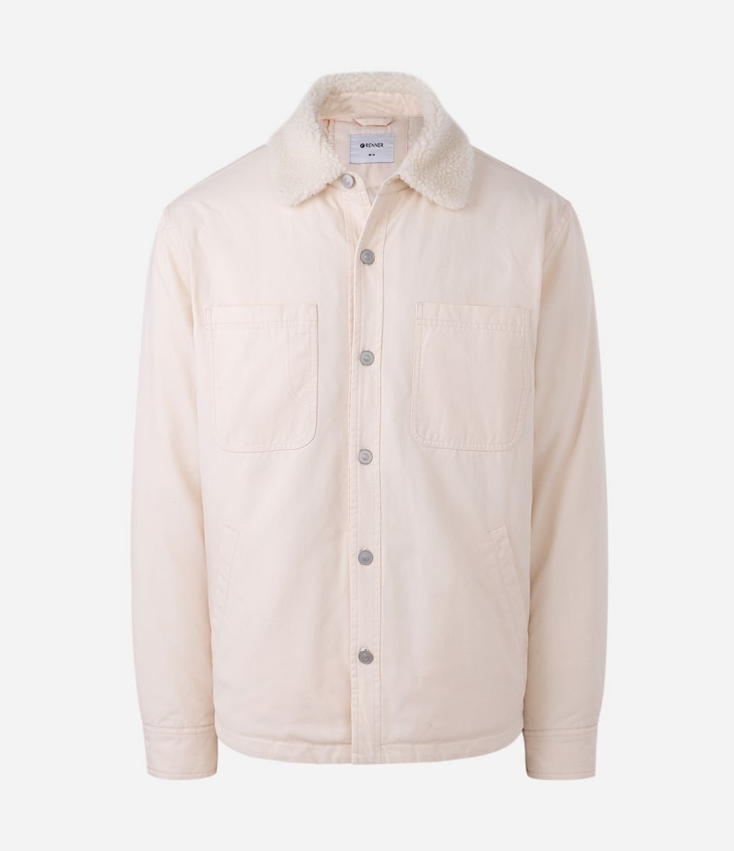 Jaqueta Masculina Oversized Sarja com Gola de Sherpa Off White