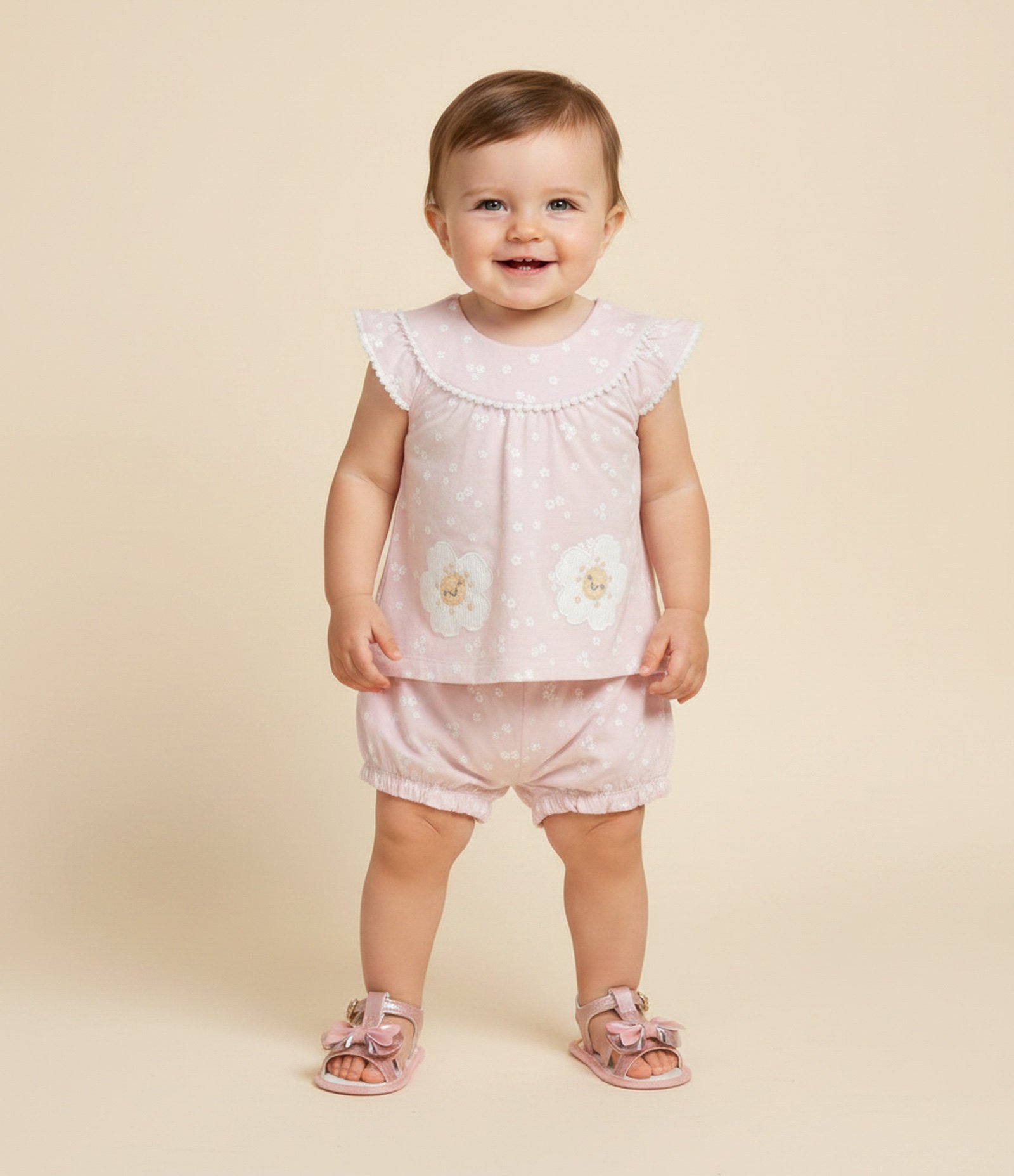 Conjunto Infantil com Bata e Short Floral – Tam 0 a 18 Meses Rosa Claro 1