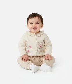 Cardigan Bebê em Tricô Leve com Bordado Floral - Tam 0 a 18 Meses