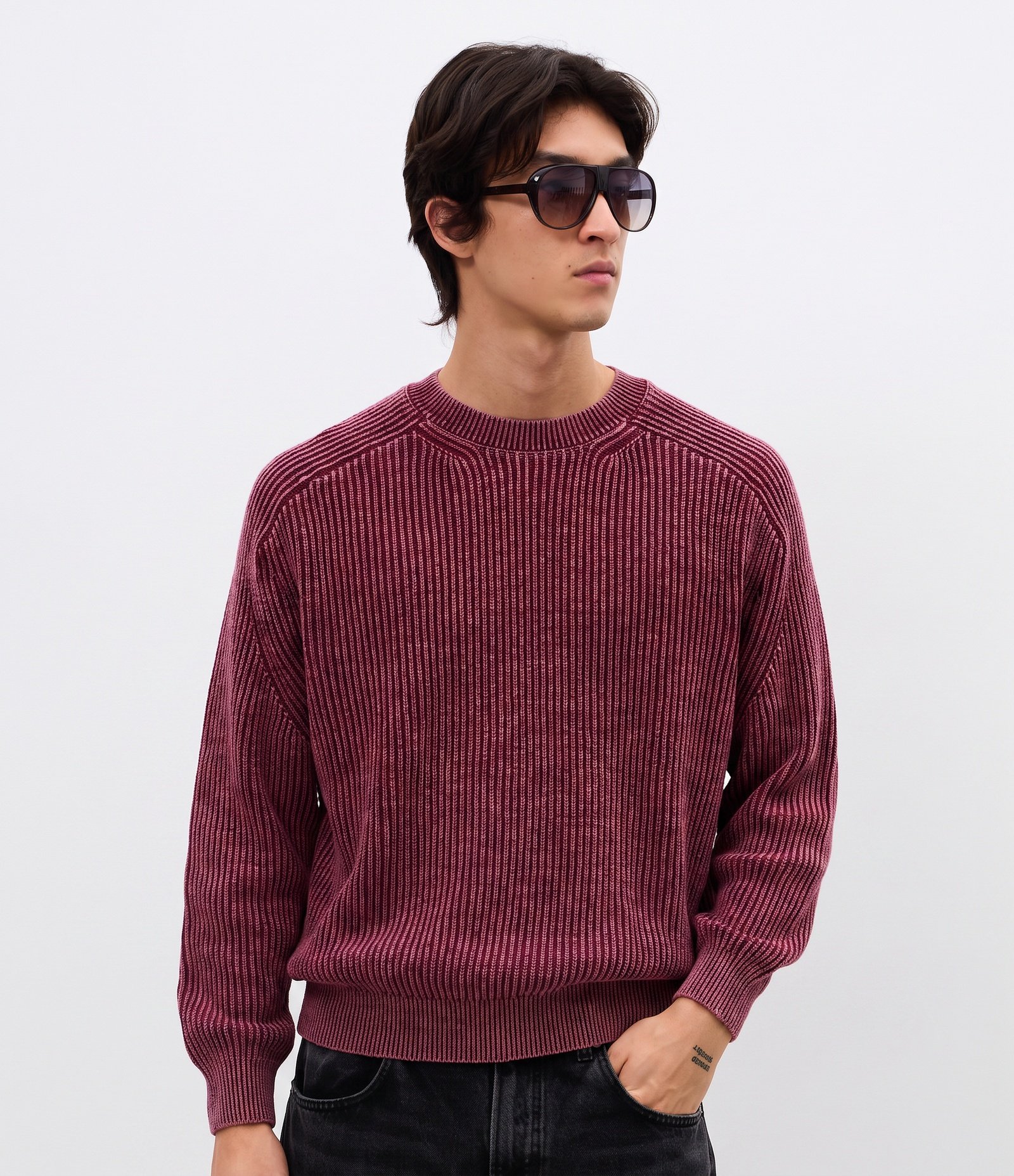 Suéter Masculino Tricô Pesado Texturizado Raglan Vermelho 1
