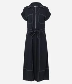 Vestido Chemise Longo em Piquet com Cinto Ajustável
