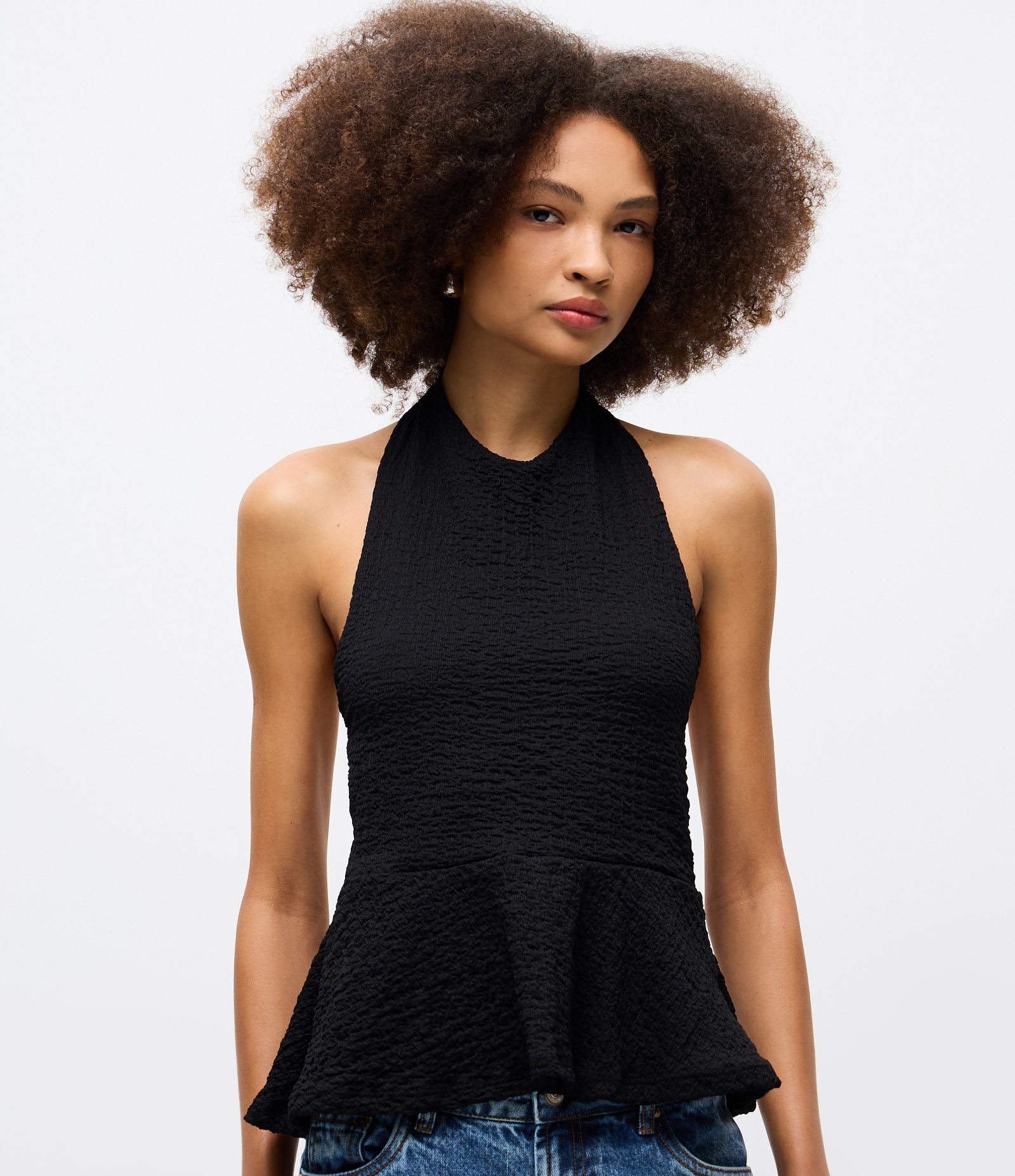 Blusa Peplum Frente Única em Viscose Texturizada Preto 1