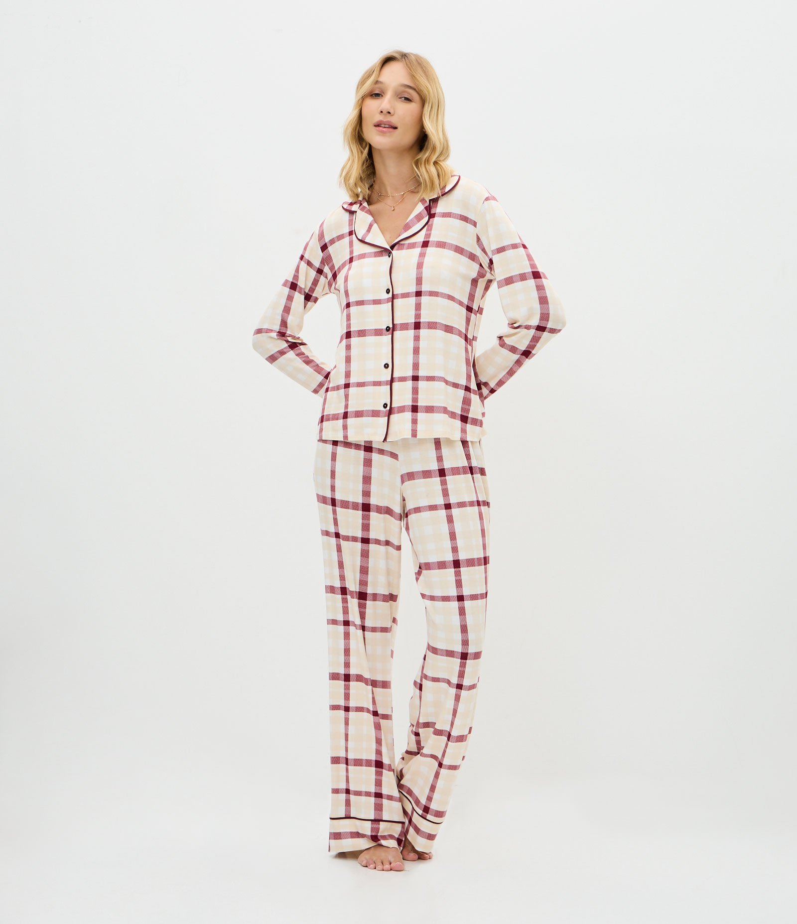Pijama Longo Americano Xadrez em Viscolycra Vermelho 2