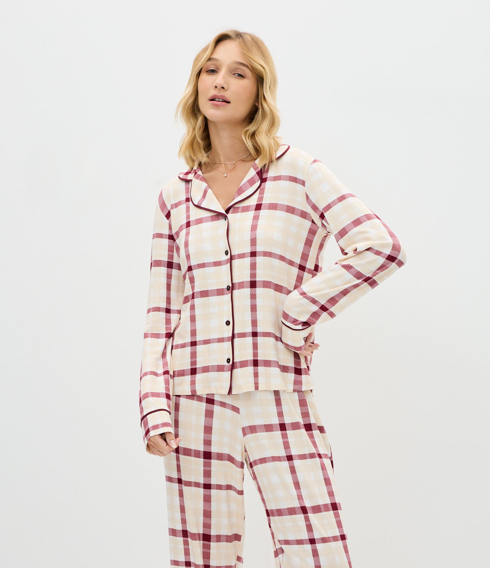 Pijama Longo Americano Xadrez em Viscolycra Vermelho 3