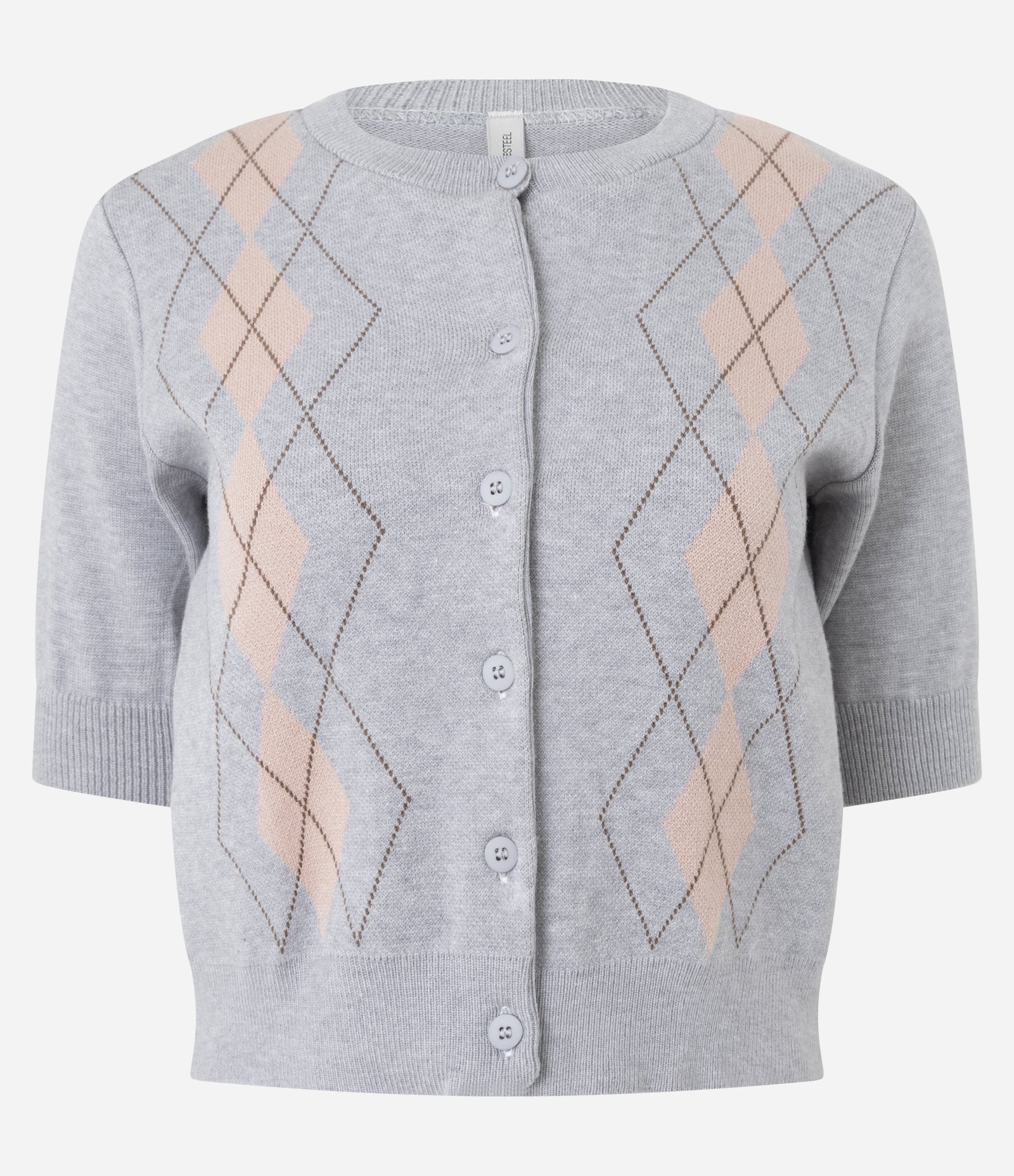 Blusa em Tricô com Estampa Geométrica e Botões Frontais Cinza 1