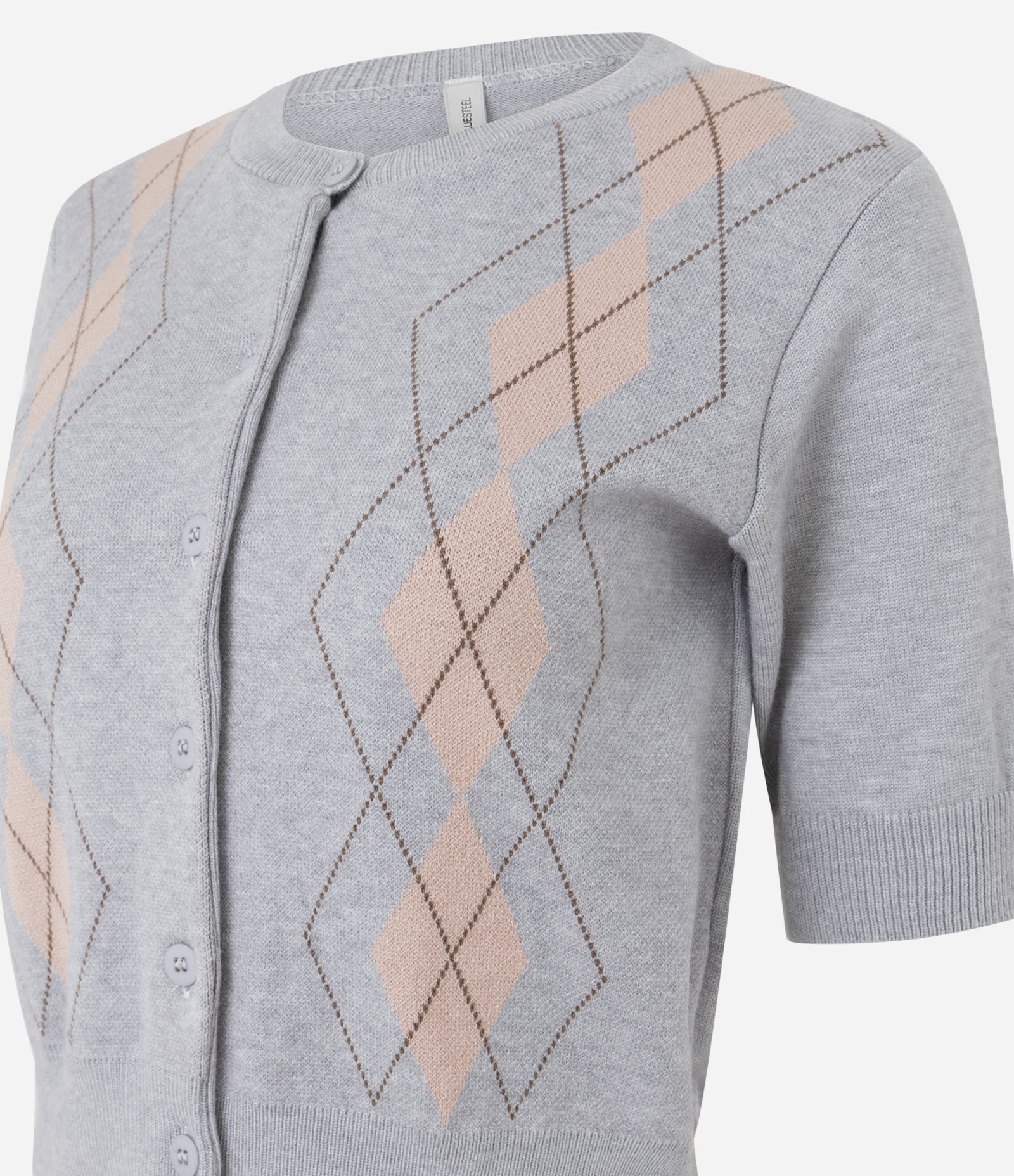 Blusa em Tricô com Estampa Geométrica e Botões Frontais Cinza 2