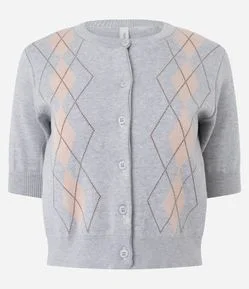 Blusa em Tricô com Estampa Geométrica e Botões Frontais
