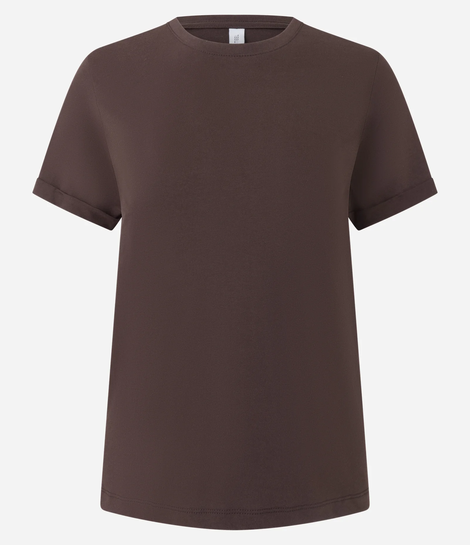 Camiseta Regular em Algodão com Manga Dobrada Marrom Escuro 1