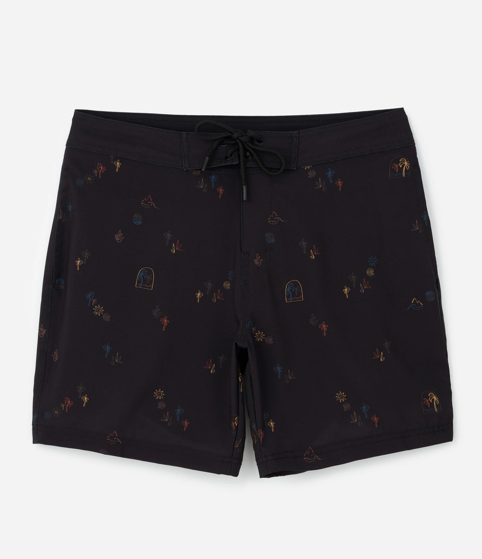 Bermuda Masculina Banho Cós Fixo Ícones Tropicais Preto 8