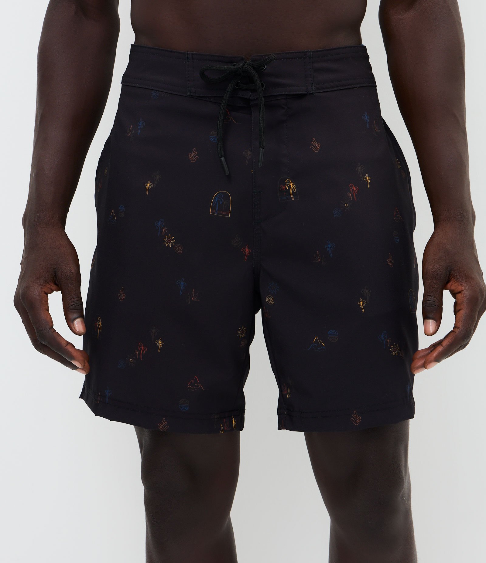 Bermuda Masculina Banho Cós Fixo Ícones Tropicais Preto 6
