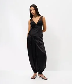 Calça Aladim em Cetim com Barra Ajustada