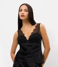 Blusa de Alcinha em Cetim com Renda nas Alças e Decote Coração