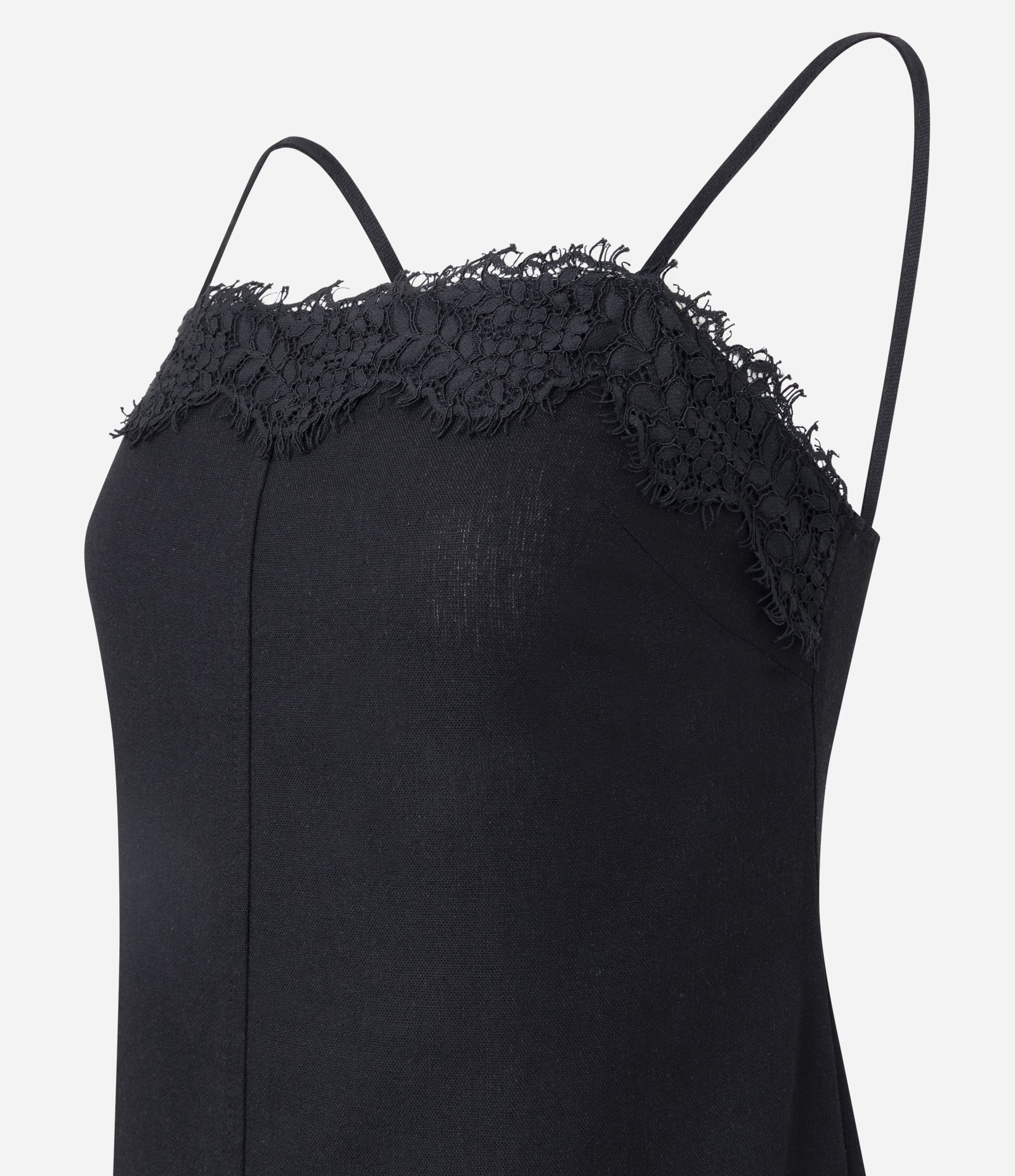 Vestido Longo em Viscolinho com Renda no Busto e Alça Fina Preto 2