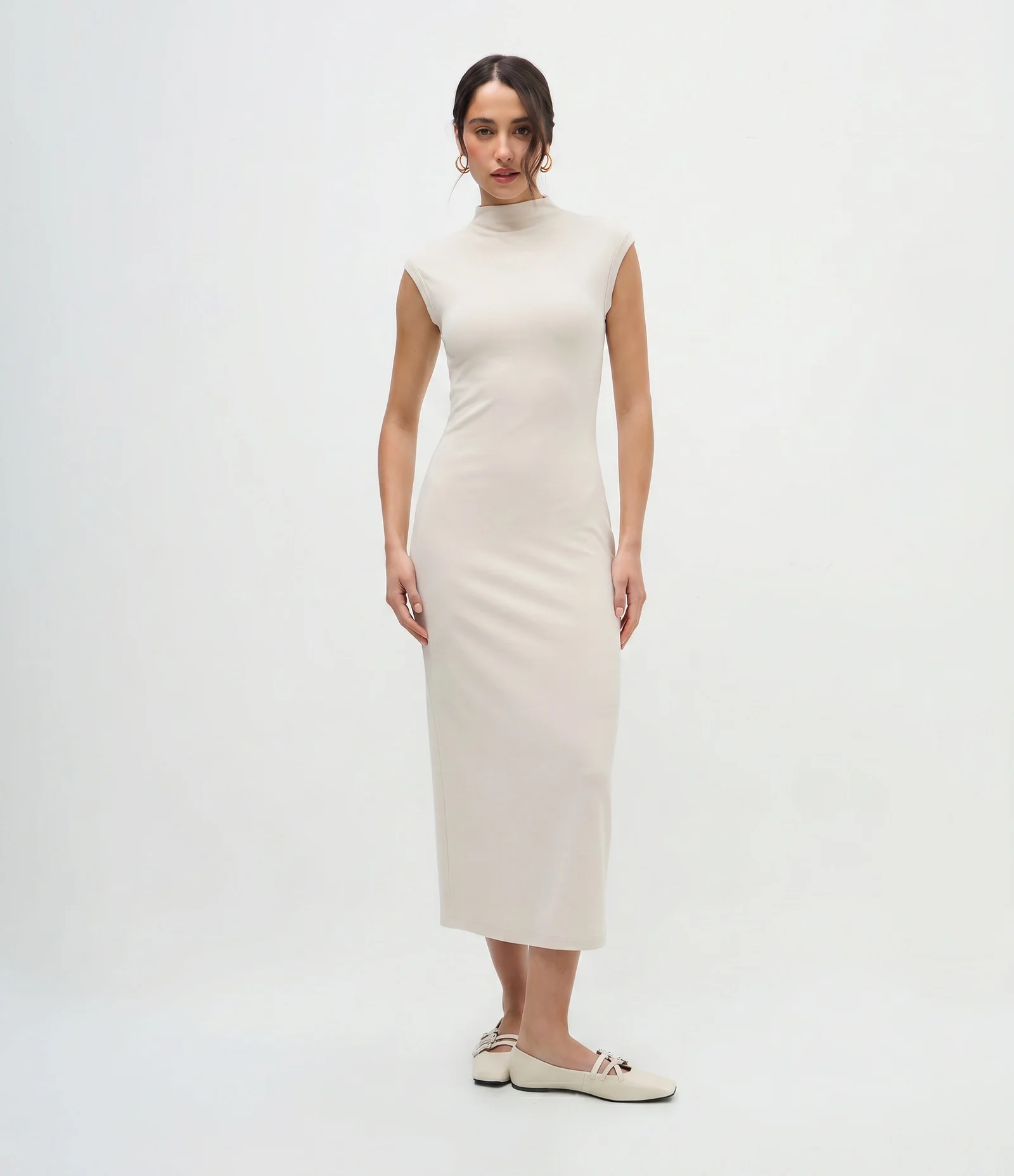 Vestido Midi em Ponto Roma Bege 1