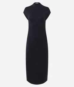 Vestido Midi em Ponto Roma com Ombros Contrastantes