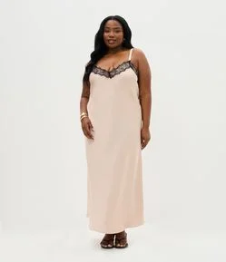 Vestido Midi em Cetim com Renda no Decote Curve & Plus Size