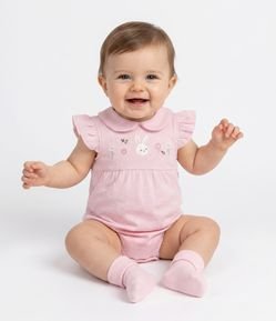 Body Bebê Estampa Poá e Bordado Coelho com Gola Boneca – Tam 0 a 18 Meses
