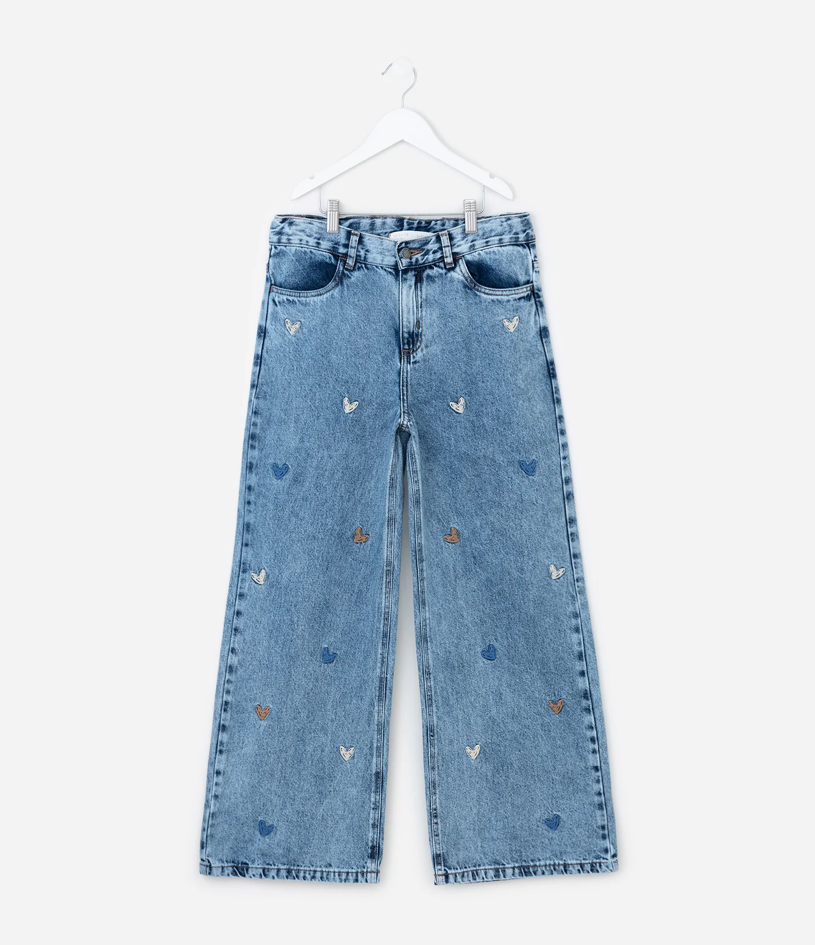 Calça Infantil Wide Leg em Jeans com Bordados – Tam 5 a 14 Anos Azul 1