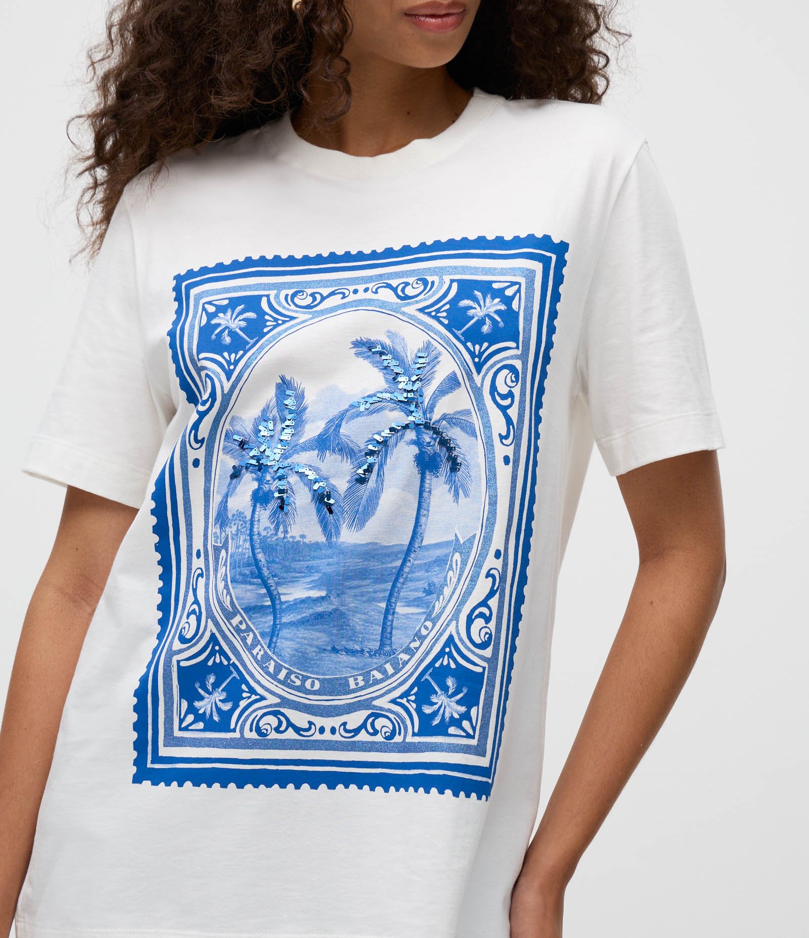 Camiseta em Algodão com Estampa e Paetês Branco 3