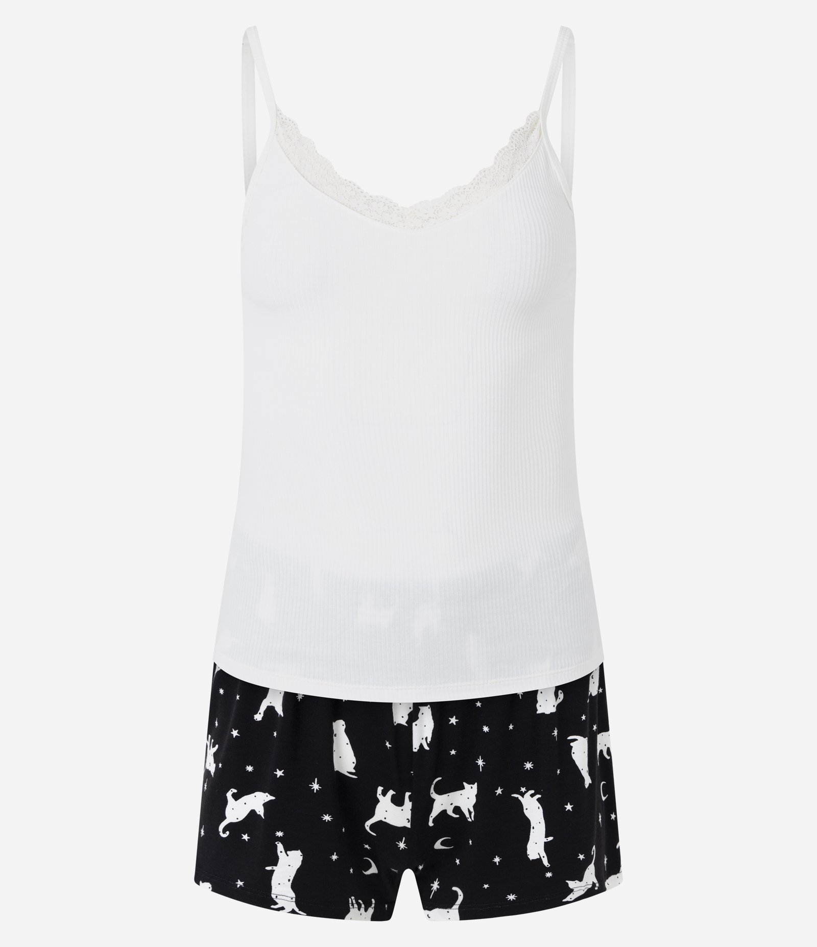 Pijama de Alcinha com Renda no Decote e Estampa Gatinhos Branco/Preto 1