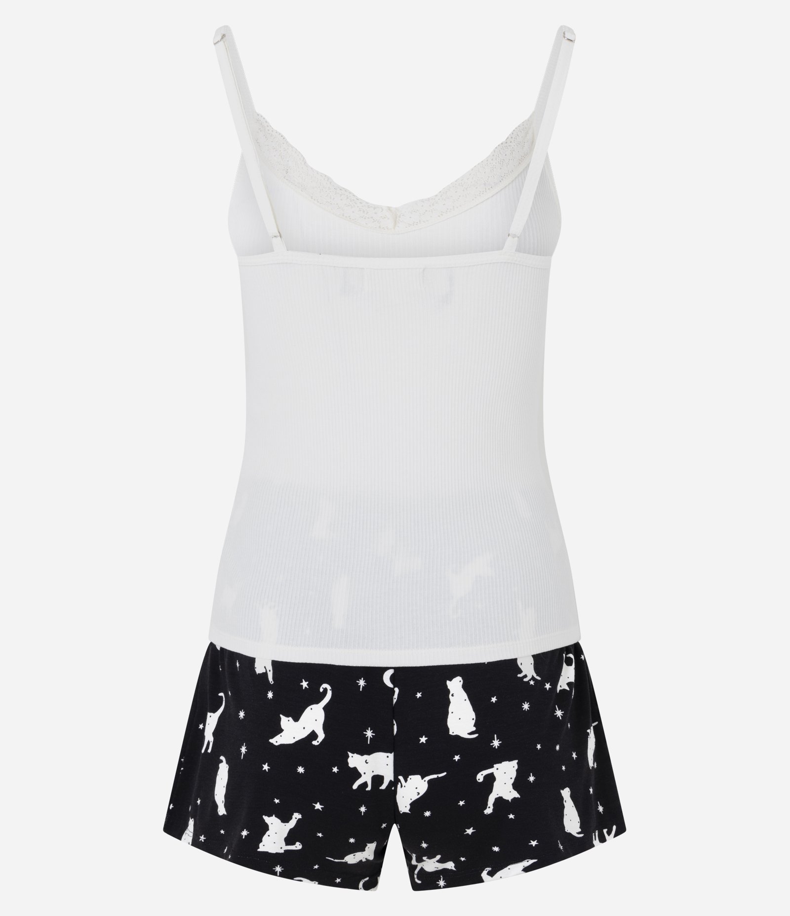 Pijama de Alcinha com Renda no Decote e Estampa Gatinhos Branco/Preto 3