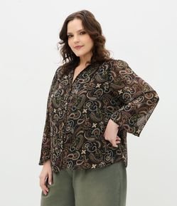 Blusa Bata Manga Longa em Chiffon com Estampa Paisley Curve & Plus Size