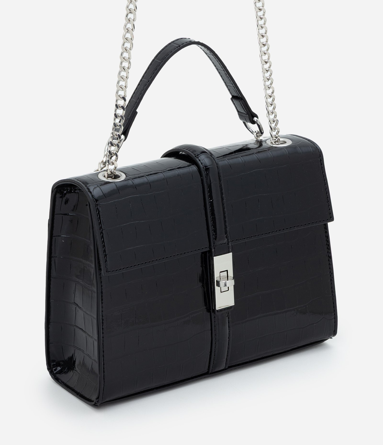 Bolsa Shoulder Média em PU com Textura Croco Preto 1
