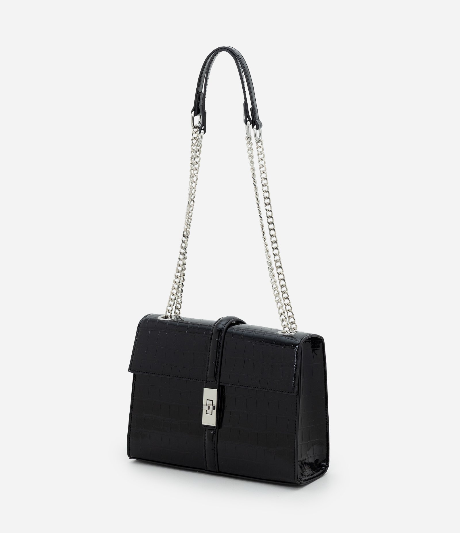 Bolsa Shoulder Média em PU com Textura Croco Preto 4