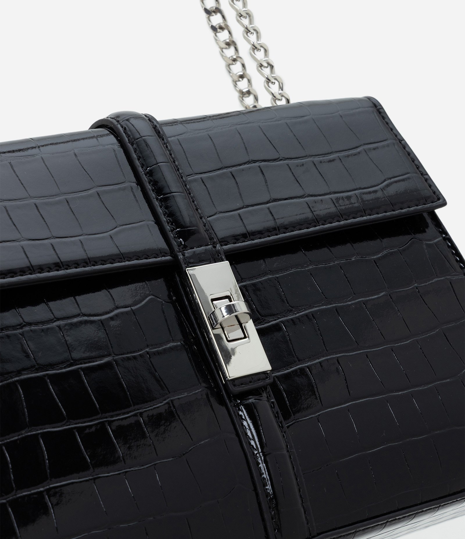 Bolsa Shoulder Média em PU com Textura Croco Preto 5