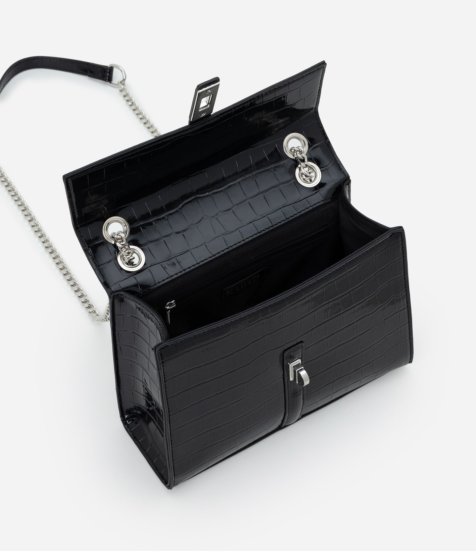 Bolsa Shoulder Média em PU com Textura Croco Preto 6