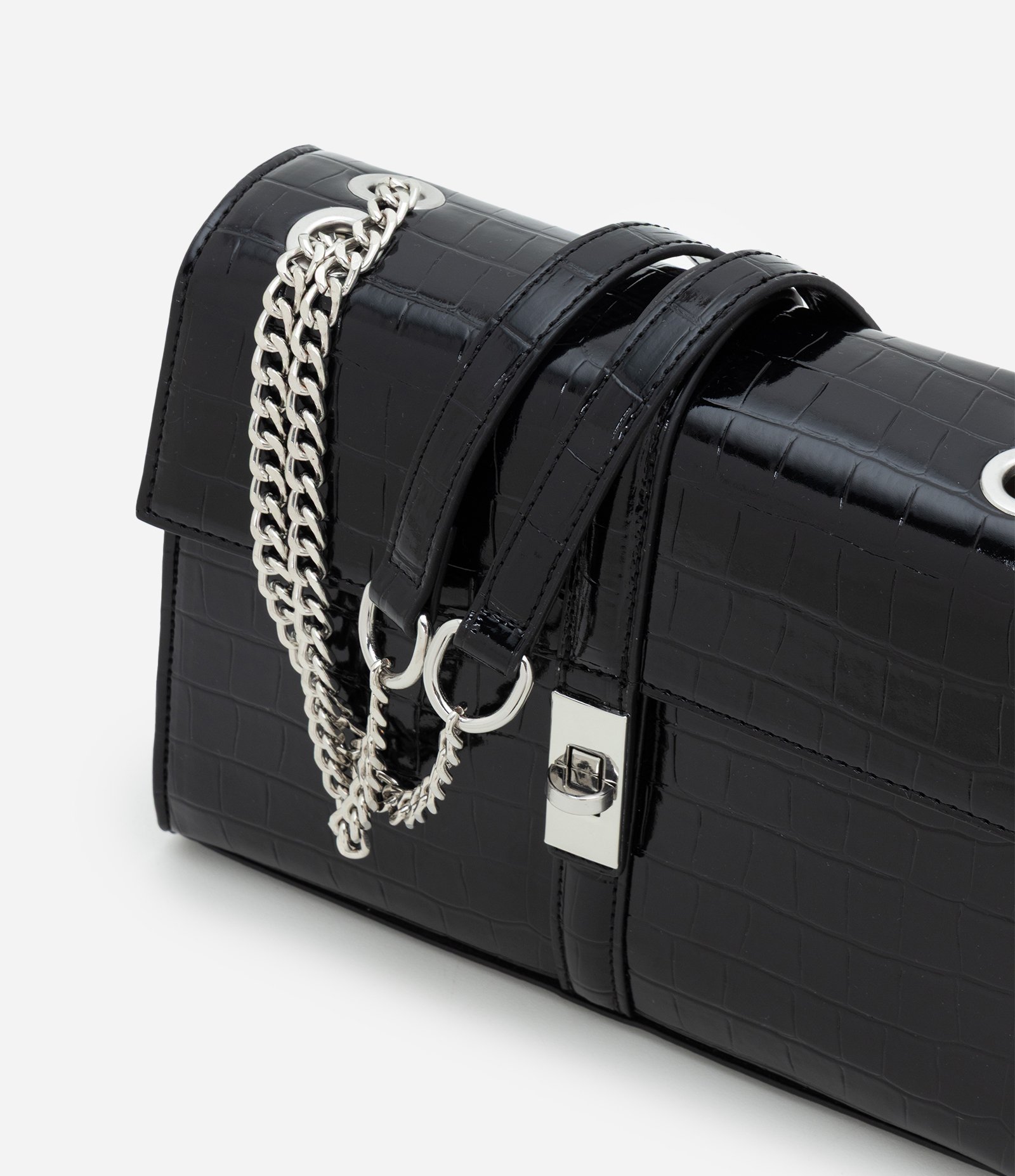 Bolsa Shoulder Média em PU com Textura Croco Preto 7