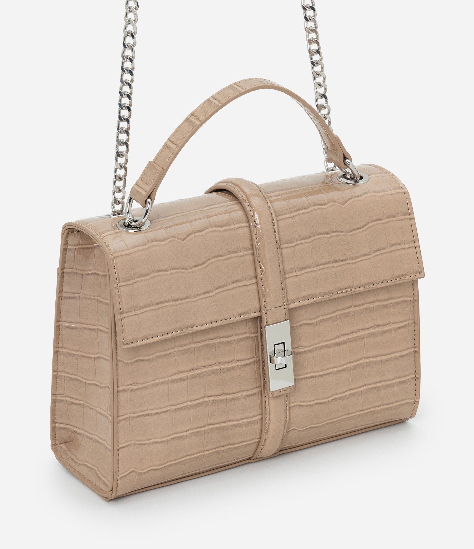 Bolsa Shoulder Média em PU com Textura Croco Bege 1