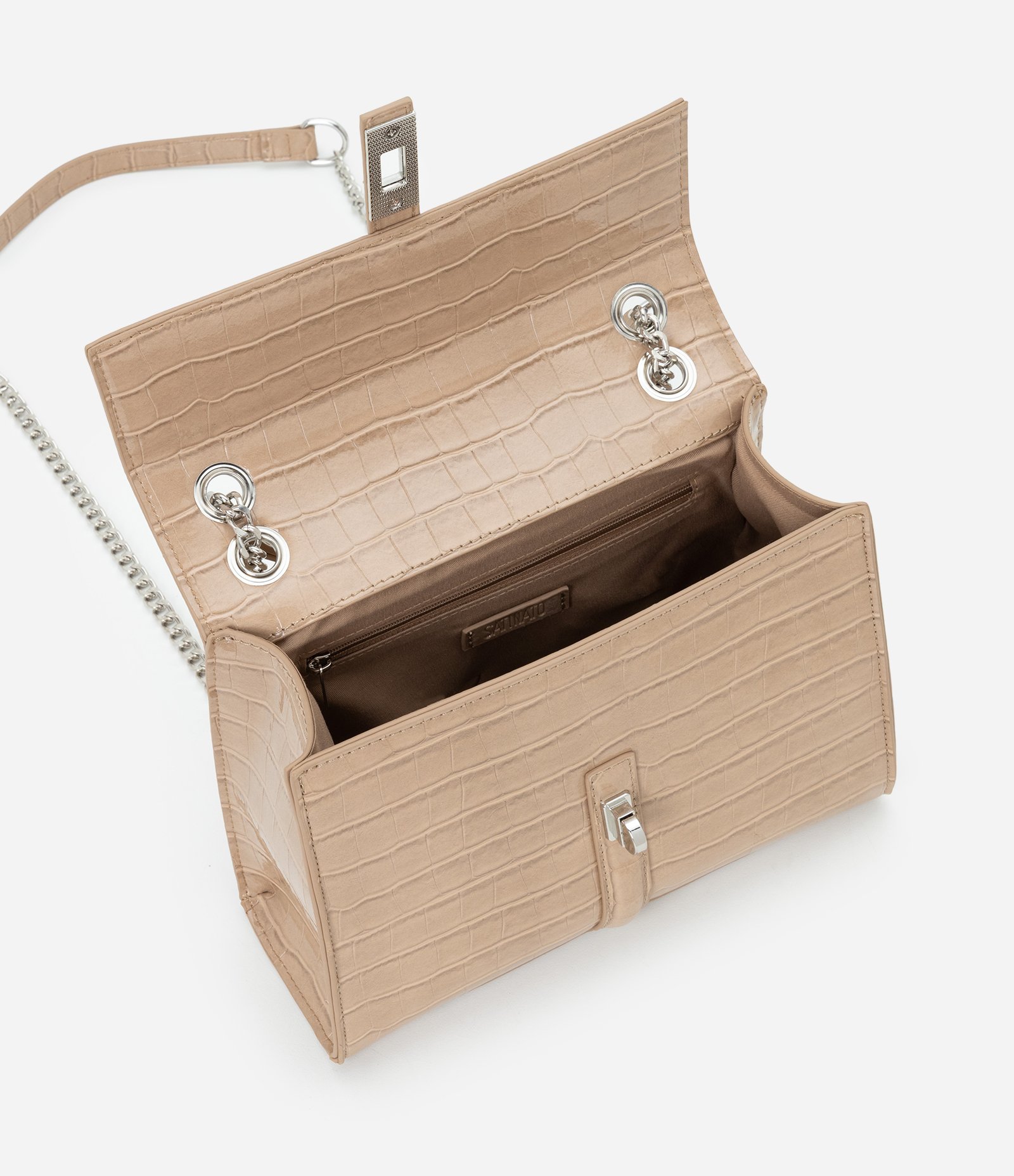 Bolsa Shoulder Média em PU com Textura Croco Bege 5