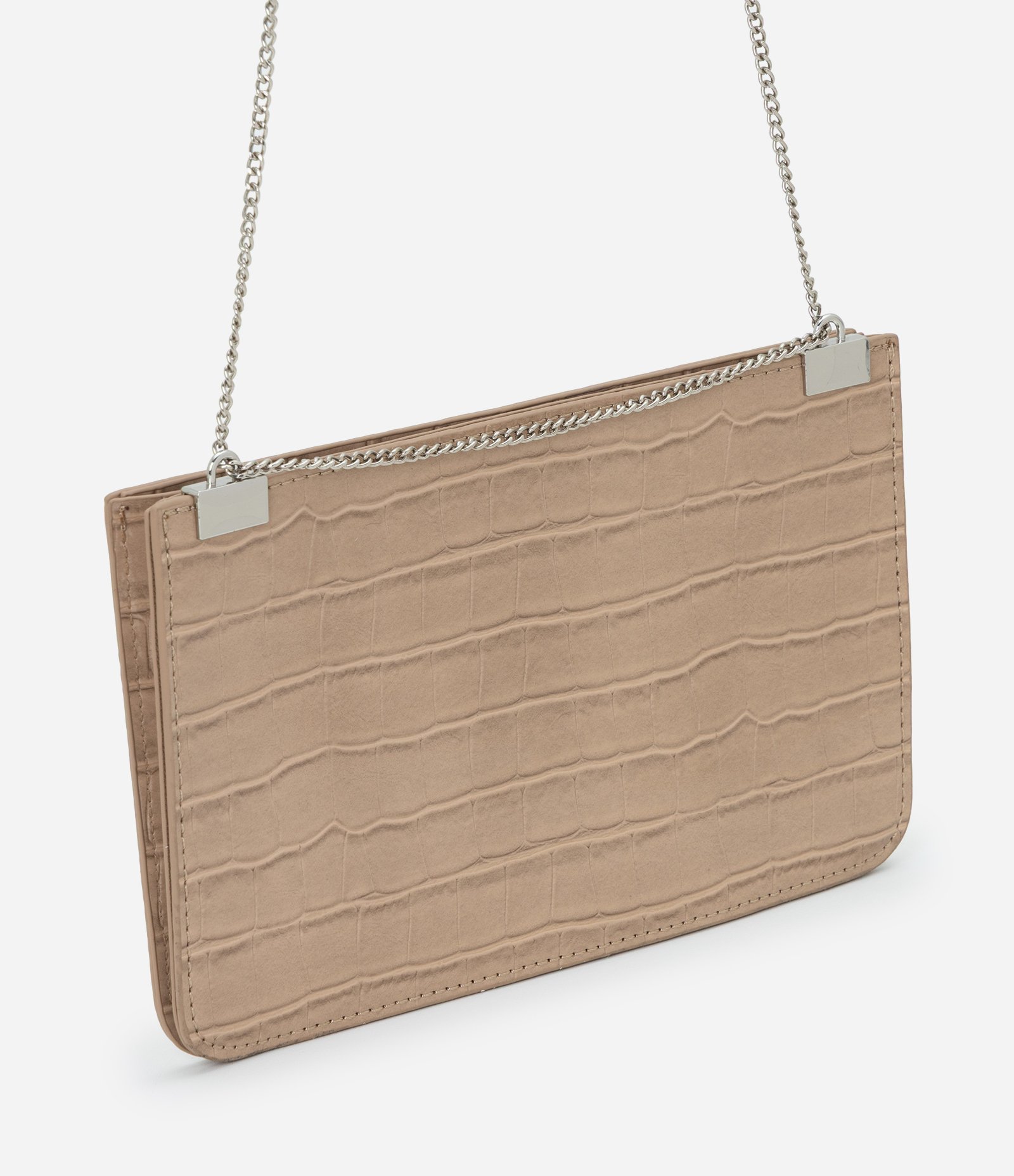 Bolsa Transversal Pequena em PU com Textura Croco Bege 1