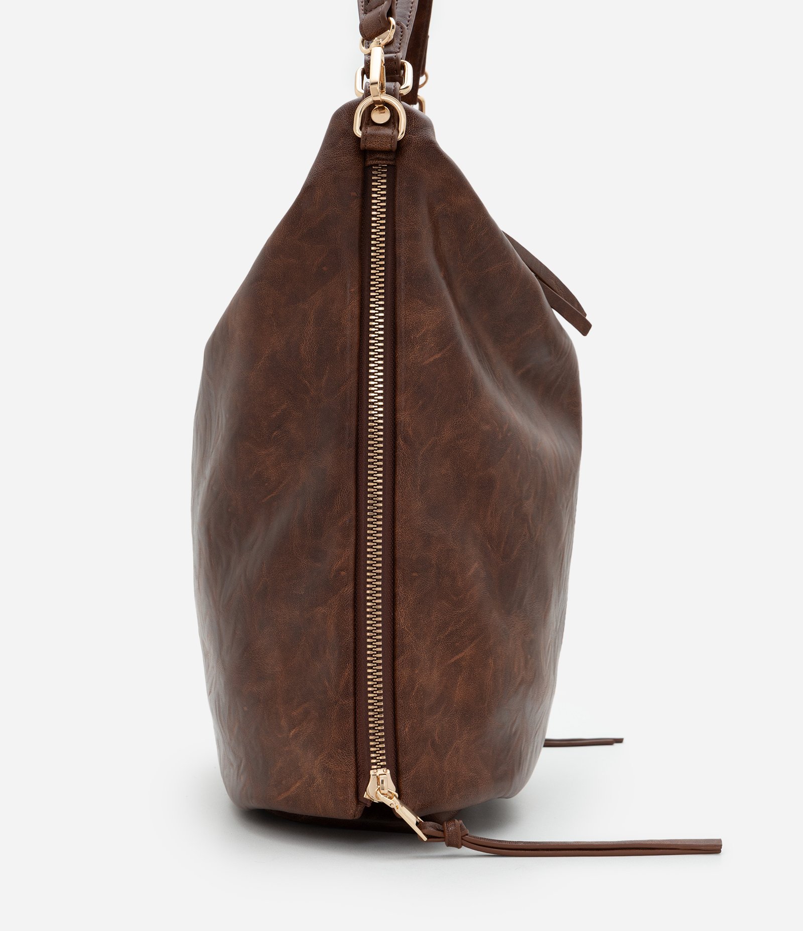 Bolsa Hobo Grande em PU com Zíper nas Laterais Marrom 2