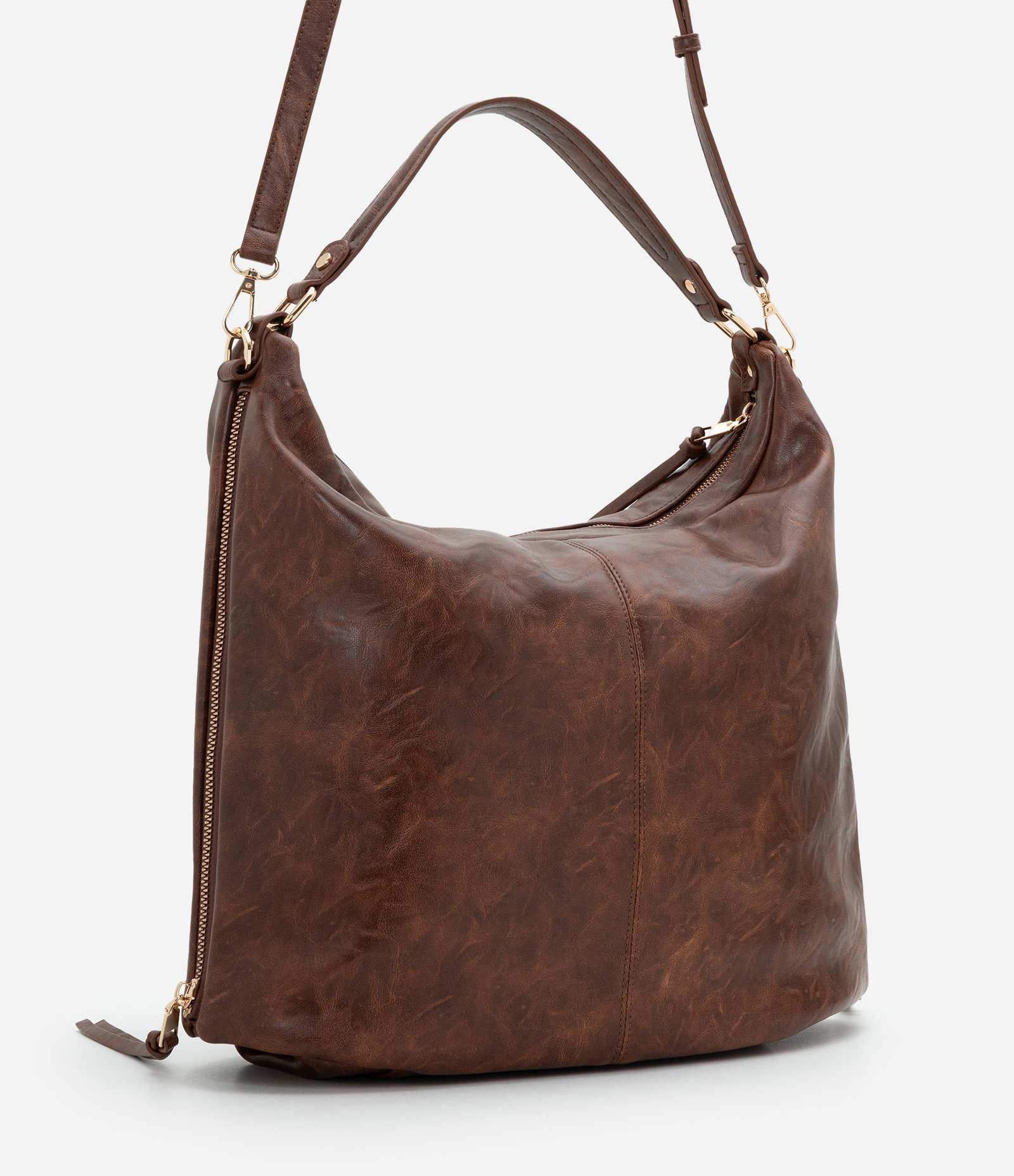 Bolsa Hobo Grande em PU com Zíper nas Laterais Marrom 3