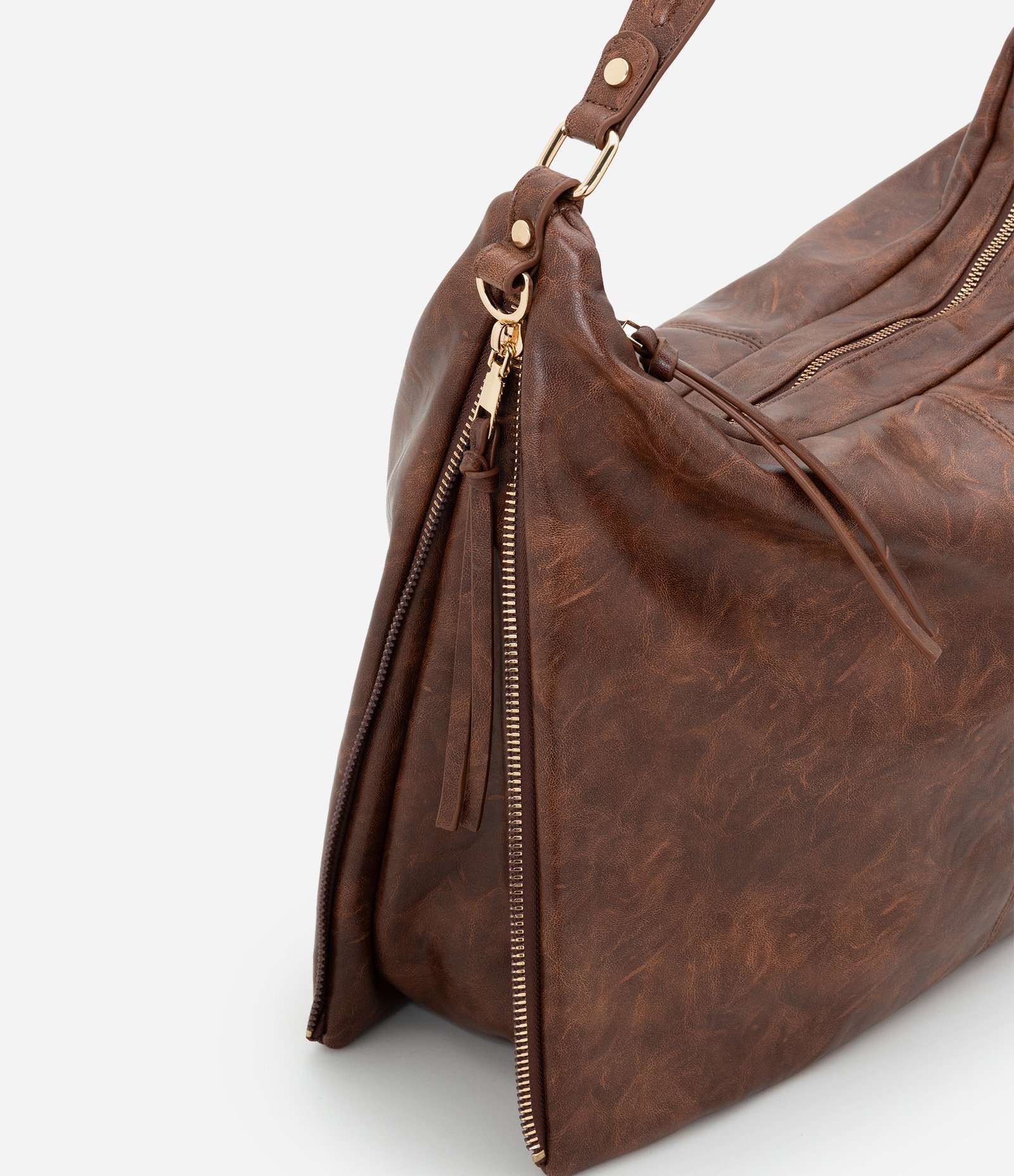 Bolsa Hobo Grande em PU com Zíper nas Laterais Marrom 4