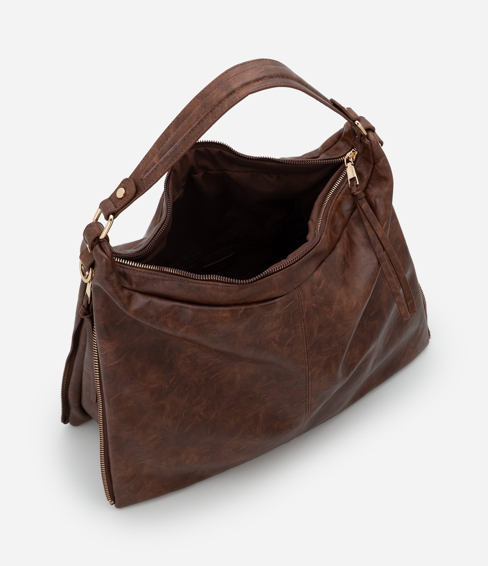 Bolsa Hobo Grande em PU com Zíper nas Laterais Marrom 5