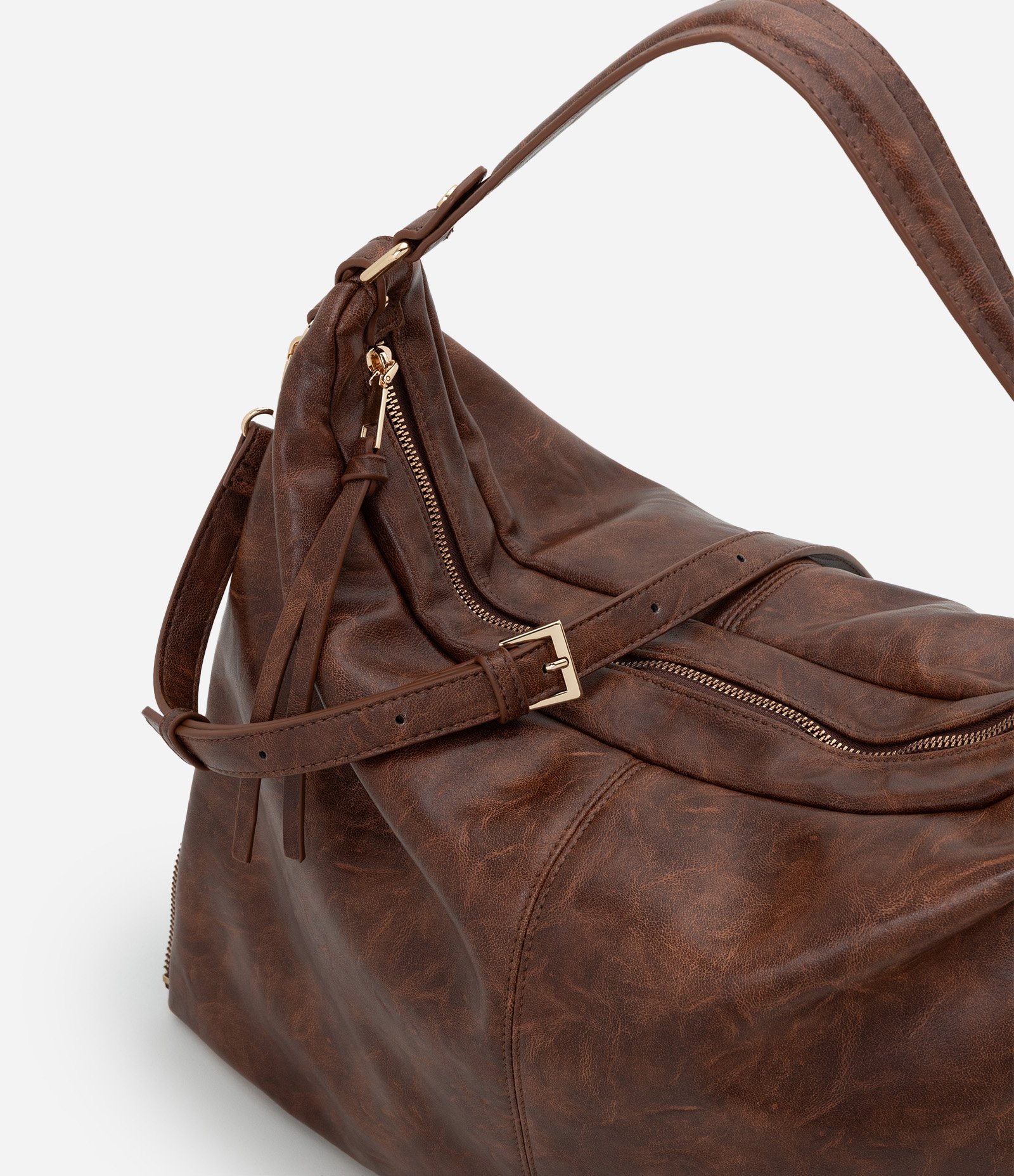 Bolsa Hobo Grande em PU com Zíper nas Laterais Marrom 6