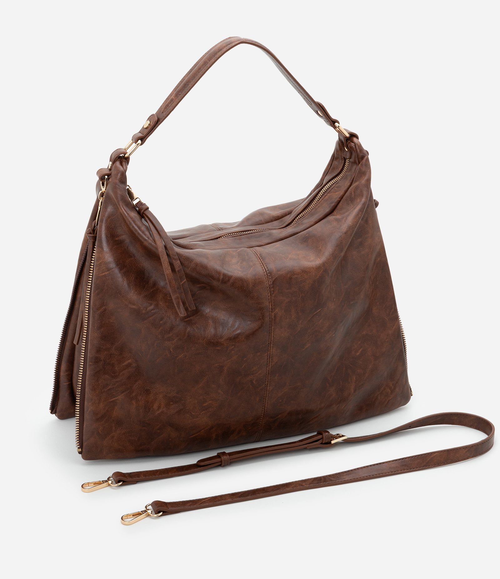 Bolsa Hobo Grande em PU com Zíper nas Laterais Marrom 7