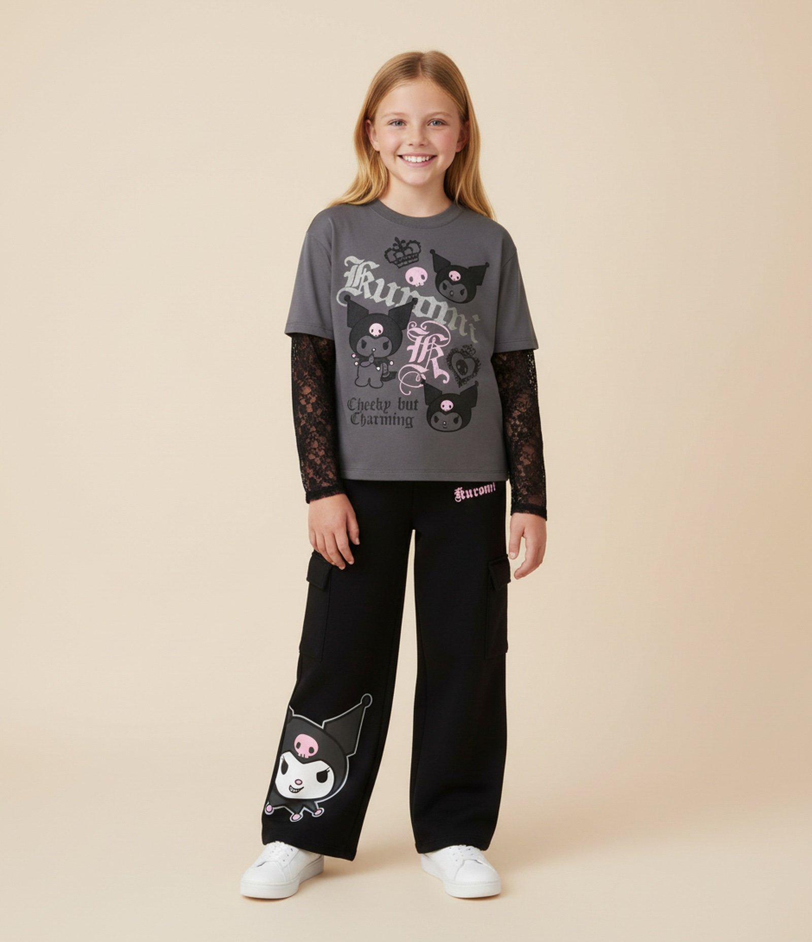Camiseta Infantil Relaxed com Estampa Kuromi – Tam 7 a 16 Anos Cinza Grafite 2