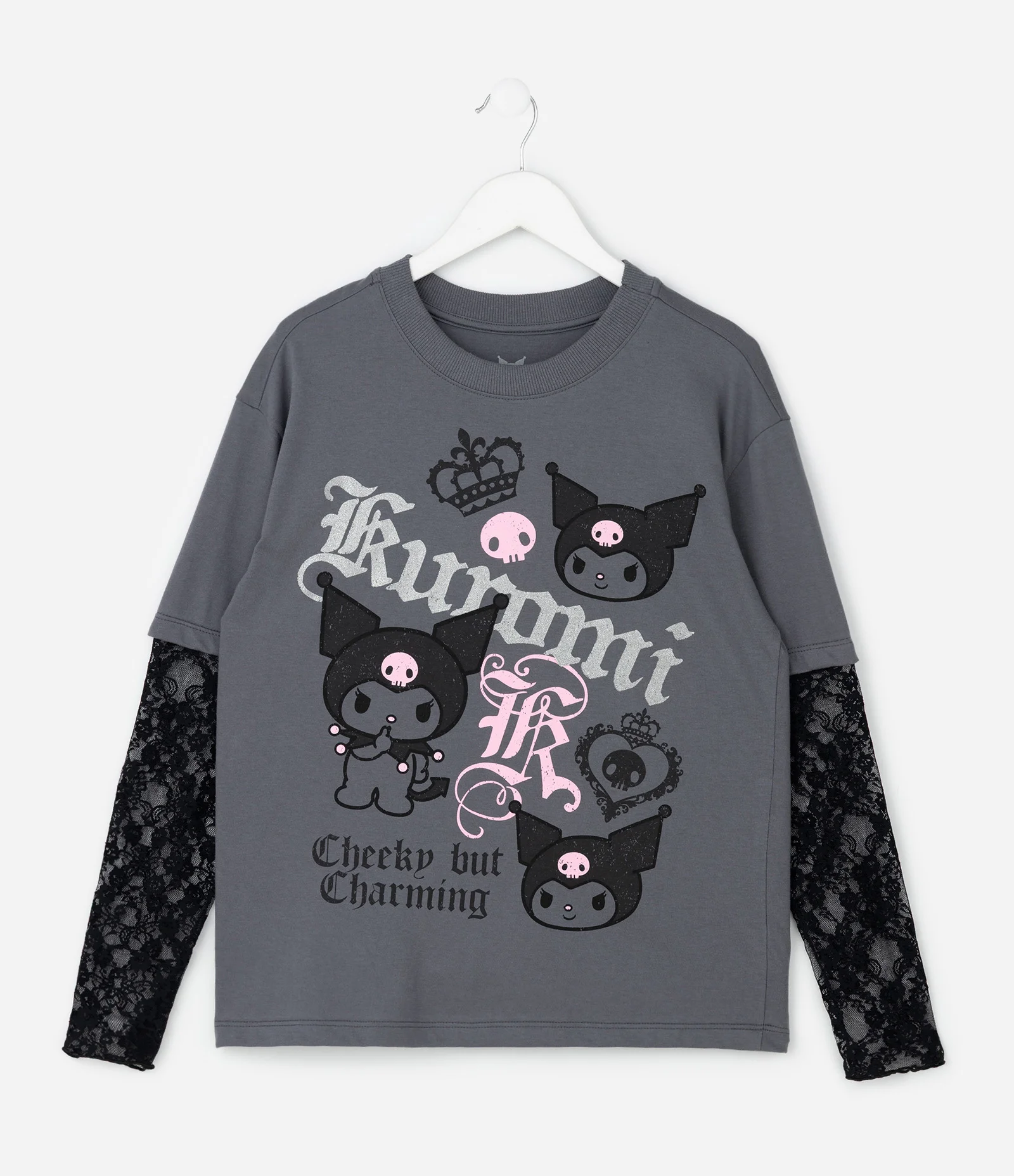Camiseta Infantil Relaxed com Estampa Kuromi – Tam 7 a 16 Anos Cinza Grafite 3