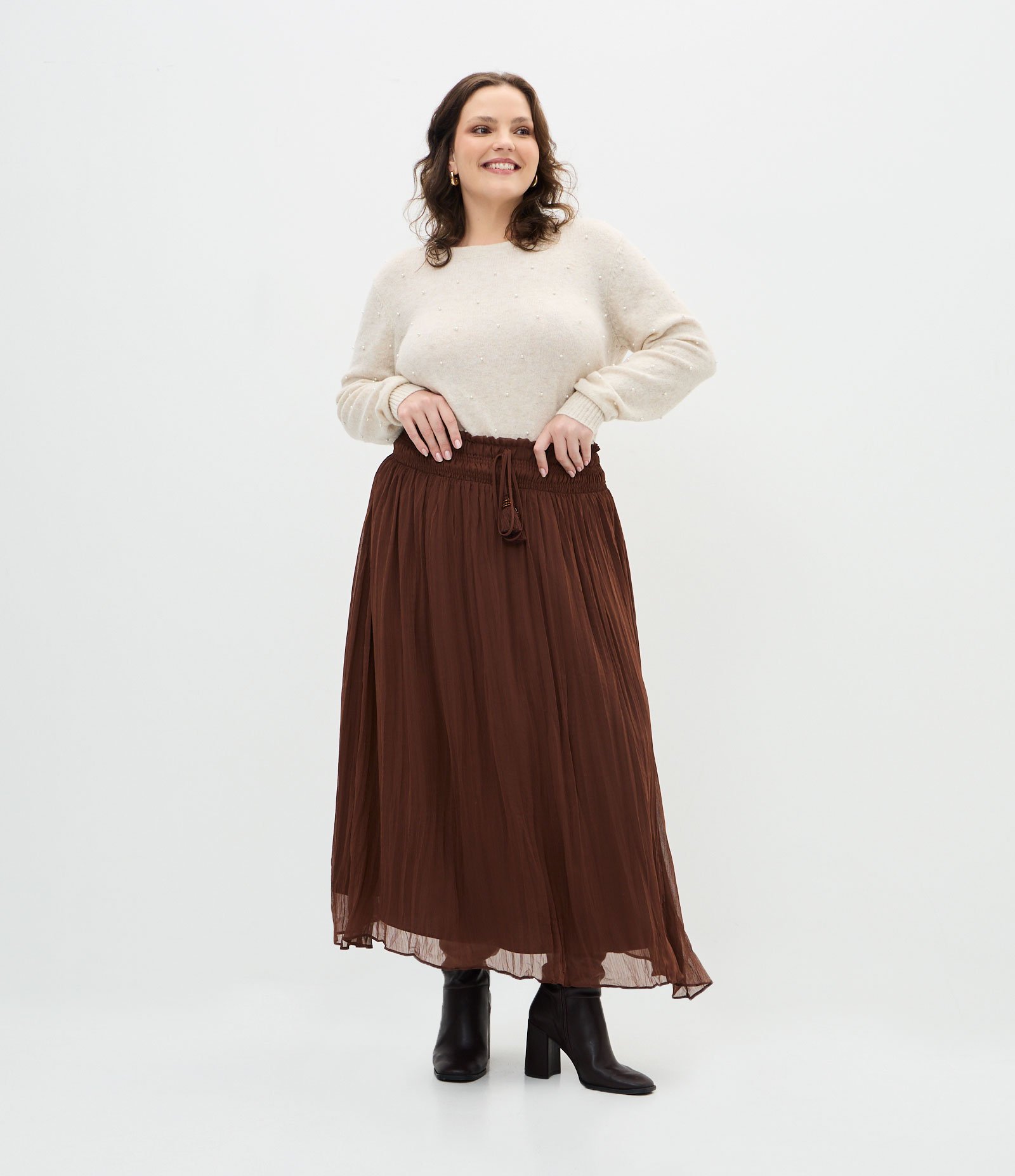 Saia Midi com Tassel e Plissada  Curve & Plus Size Marrom 1