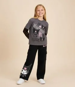 Calça Infantil Wide Leg Cargo Kuromi – Tam 5 a 14 Anos