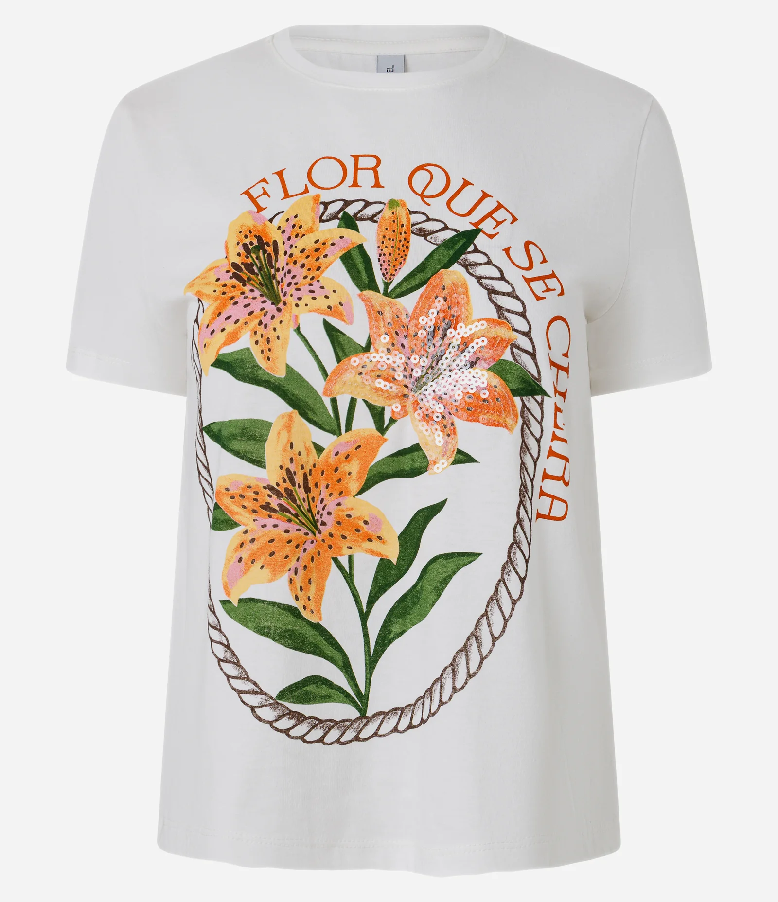 Camiseta com Paetês e Estampa Flor Que Se Cheira Off White 1