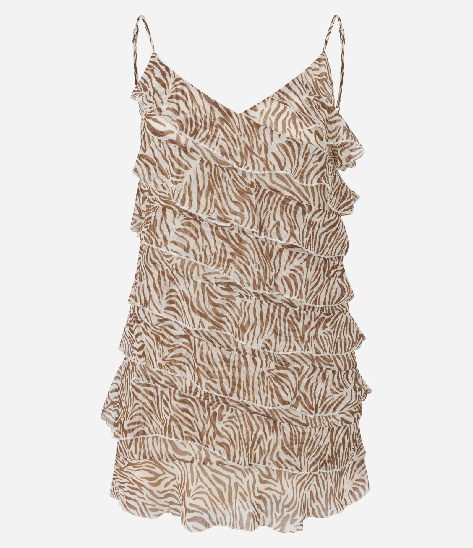 Vestido Curto em Chiffon Zebra com Babados Bege 6