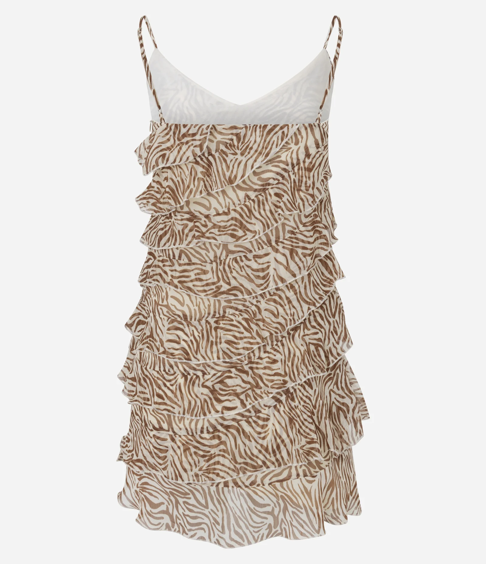 Vestido Curto em Chiffon Zebra com Babados Bege 7