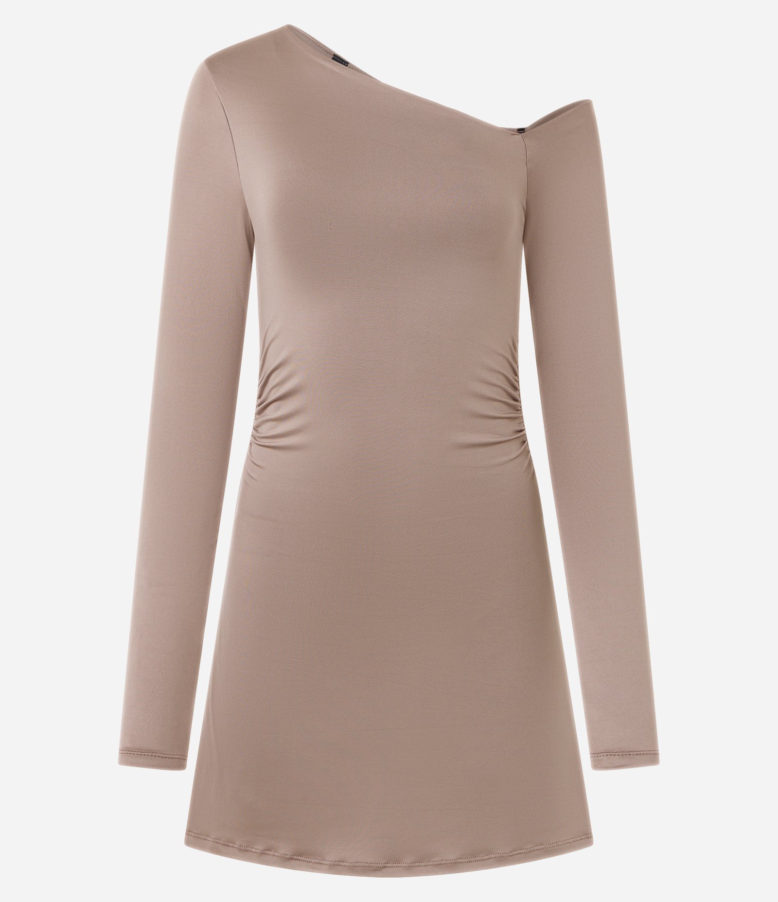 Vestido Curto Manga Longa com Decote Assimétrico Bege 5