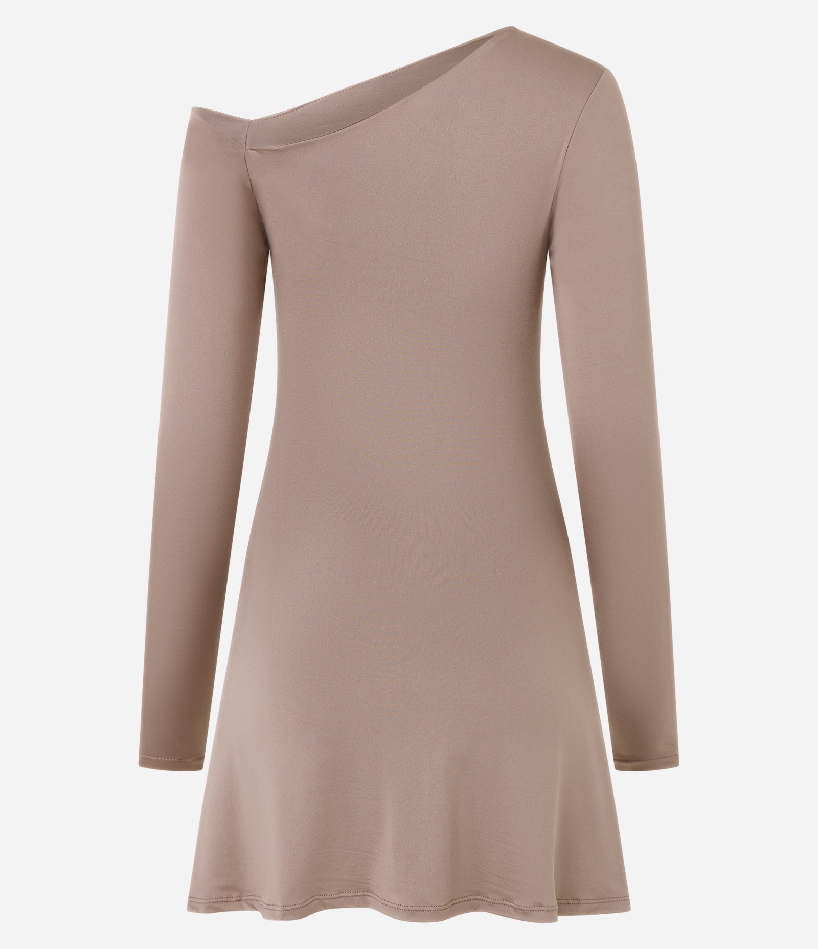 Vestido Curto Manga Longa com Decote Assimétrico Bege 6