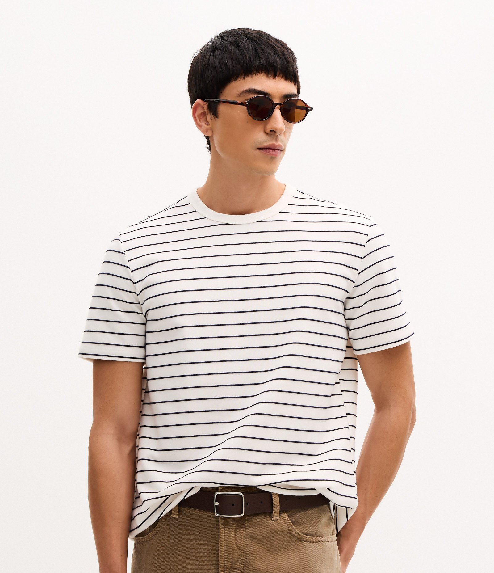 Camiseta Regula em Algodão com Estampa de Listras Azul 1